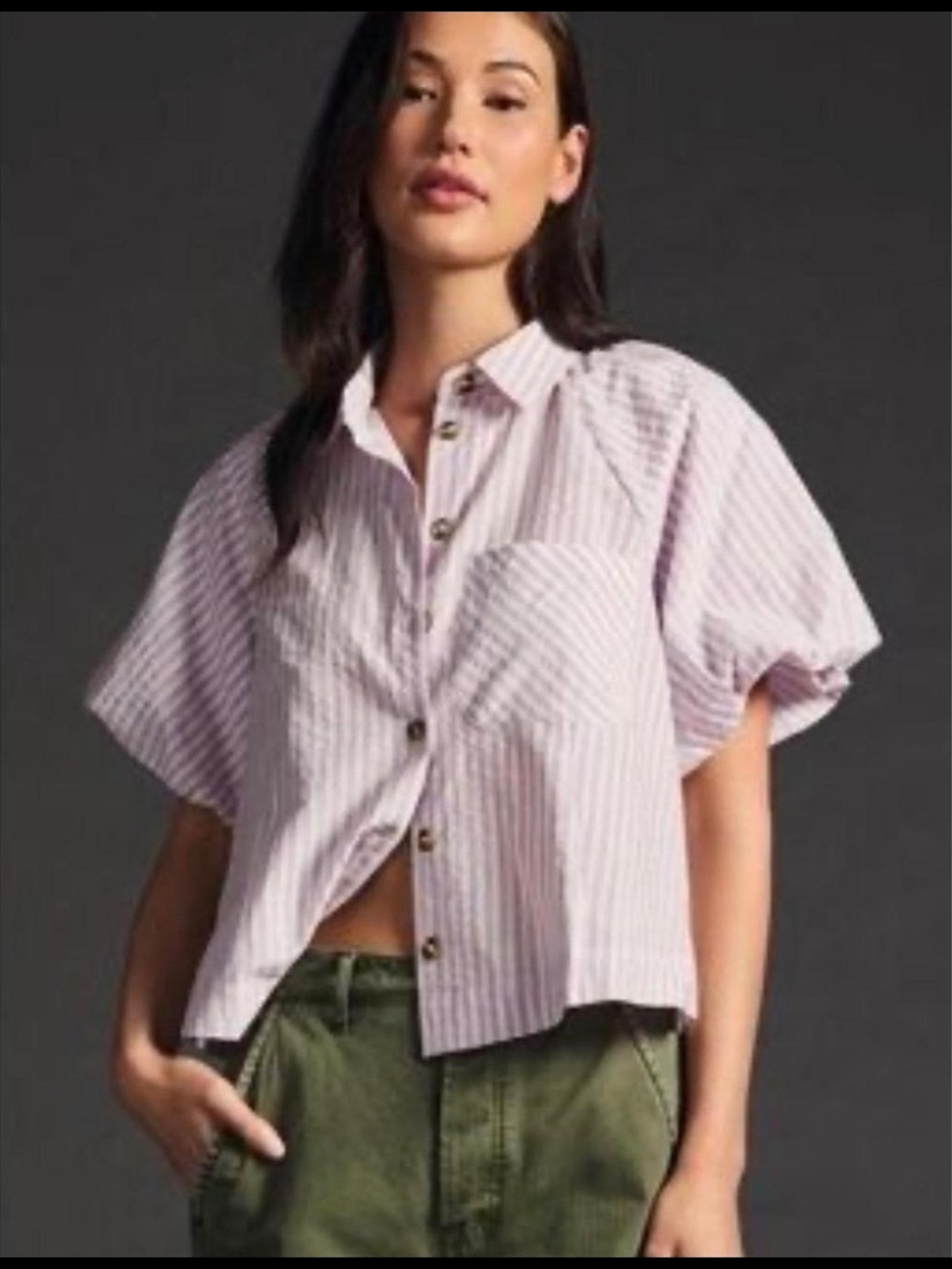 Maeve Anthropologie Lilac & White Striped Button Blouse With Puff Sleeves